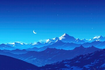Nighttime Mountain Range with Crescent Moon and Stars
