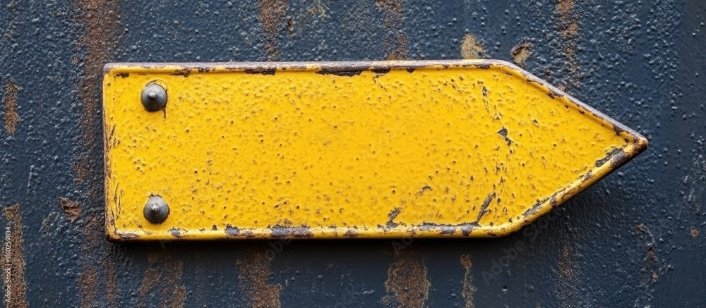 Poster yellow arrow directional sign close up vintage style with blank space for custom text on rustic blue