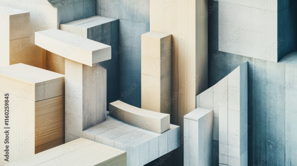 Poster An abstract arrangement of building blocks in a minimalist gallery, Blocks forming intricate sculptures, Contemporary artistic style
