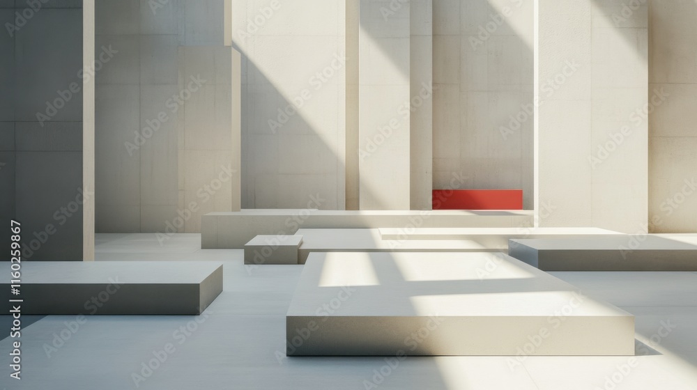 Poster An abstract arrangement of building blocks in a minimalist showroom, Blocks forming intricate geometric patterns, Minimalist elegance style