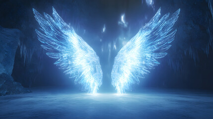 A pair of majestic blue ice angel wings with radiant light beams, shining brightly against the backdrop of an empty room.