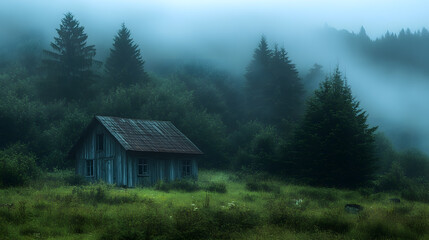 Misty Morning Scenic View of Wooden Cabin in Lush Green Forest Landscape : Generative AI