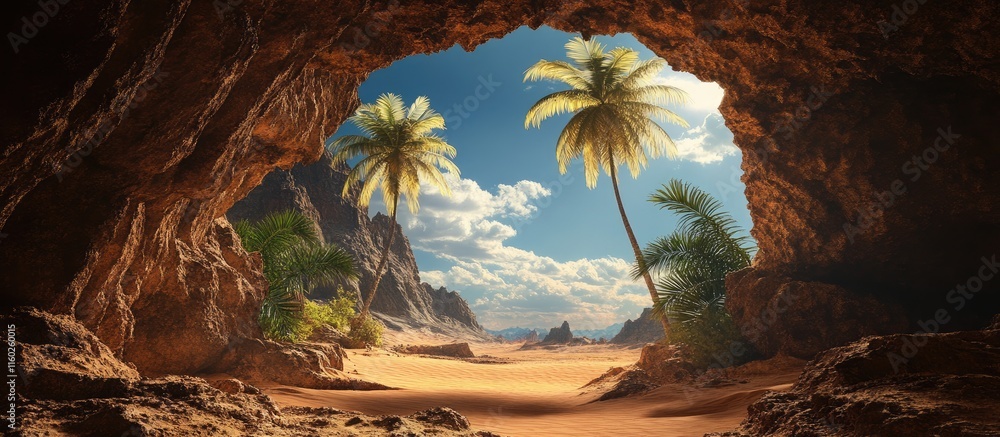 Poster scenic cave view revealing a vibrant desert landscape with palm trees and ample space for text place