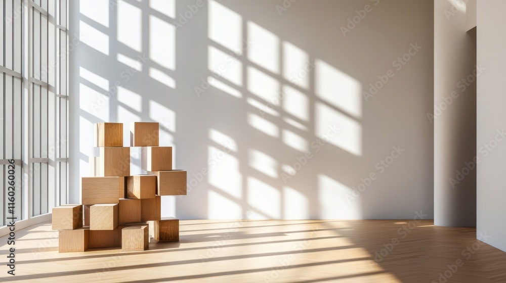 Poster An abstract arrangement of building blocks in a minimalist showroom, Blocks forming intricate patterns, Contemporary minimalist style