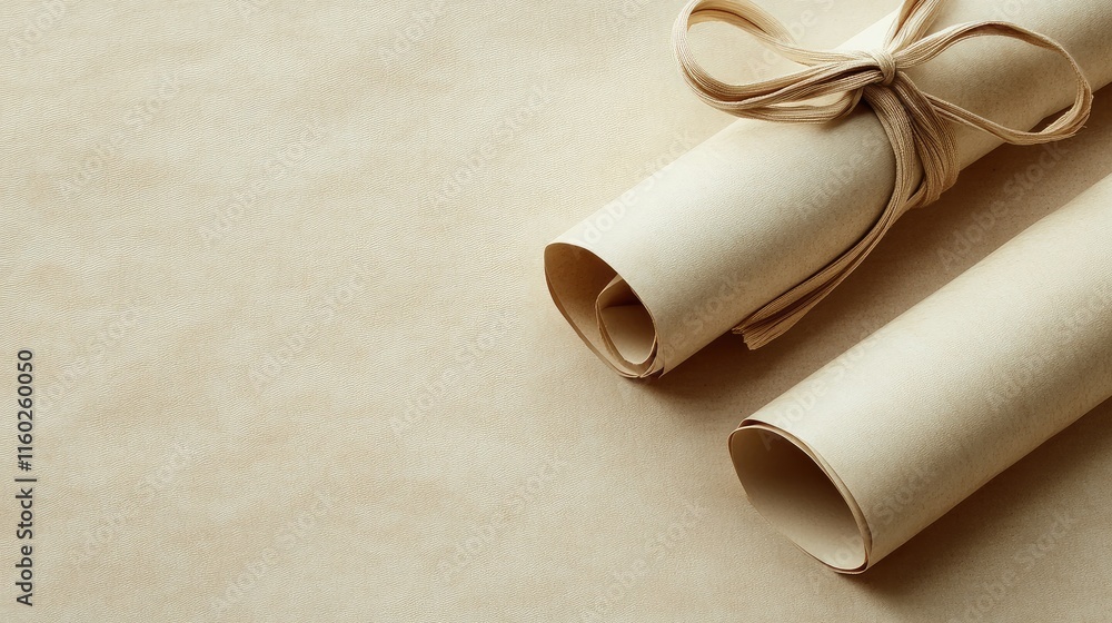 Poster elegant diploma certificate scrolls with ribbon on a textured beige background for customizable stat