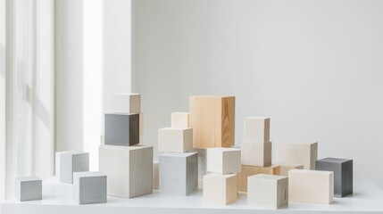 Obraz premium An abstract arrangement of building blocks in a minimalist showroom, Blocks forming intricate patterns, Contemporary minimalist style