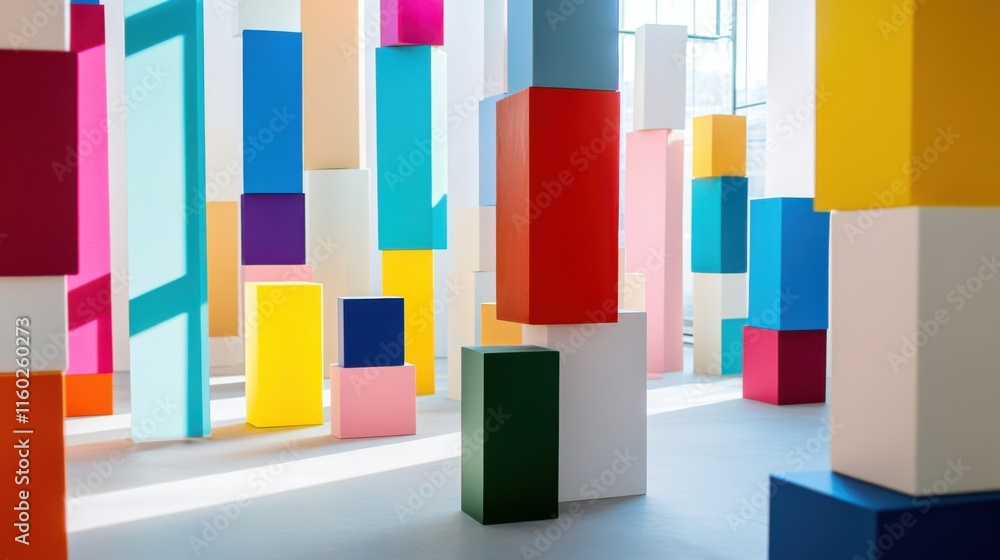 Poster An abstract arrangement of building blocks in a modern art gallery, Blocks stacked in geometric patterns, Contemporary minimalist style