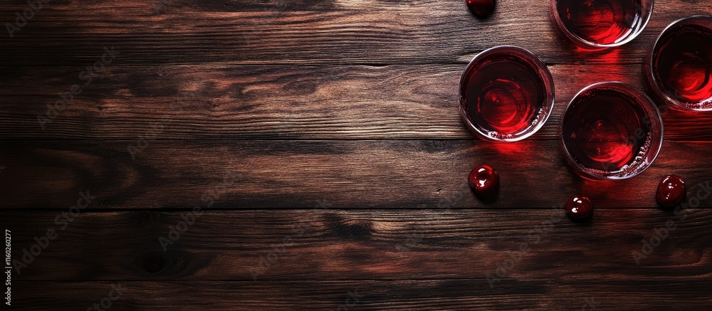 Poster elegant wine glasses filled with red liquid on rustic wooden background create an inviting space for