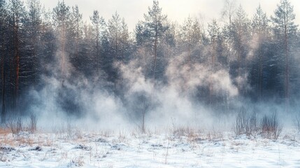Winter forest scene with snowy landscape and misty breath of animals amidst frost-covered trees during snowfall on a chilly day.