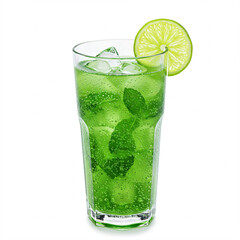 A tall glass of green, fizzy drink with ice cubes, mint leaves, and a lime slice on the rim.