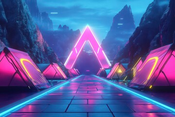Futuristic Campsite with Holographic Tents and Neon Vibes