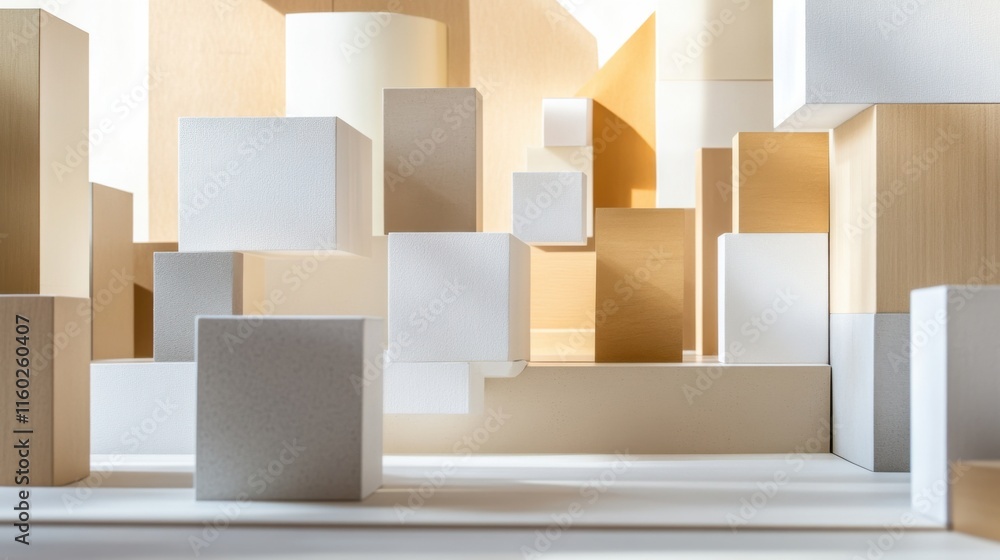 Poster An abstract arrangement of building blocks in a modern art gallery, Blocks stacked in geometric patterns, Contemporary minimalist style