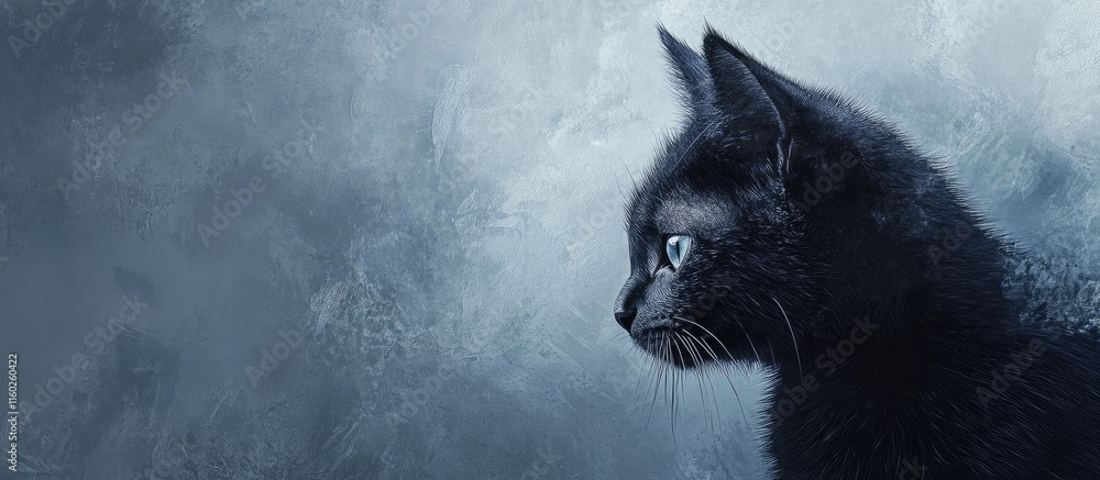 Poster close-up profile of a black kitten staring thoughtfully on a soft grey backdrop with ample copy spac