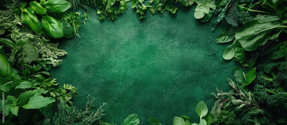 Aufkleber fresh greens and herbs border on textured green background with spices creating a natural frame for 