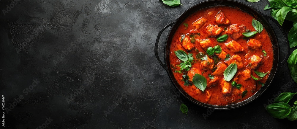 Aufkleber top view of vibrant red curry chicken in a dark bowl with fresh basil and space for text on a textur