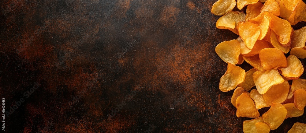 Poster peeled and sliced potatoes arranged on a dark textured surface with ample empty space for creative t