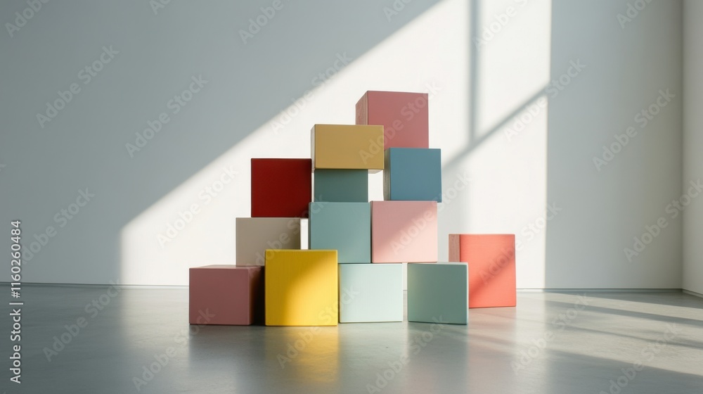Poster An abstract arrangement of building blocks in a modern art gallery, Blocks stacked in geometric patterns, Contemporary minimalist style