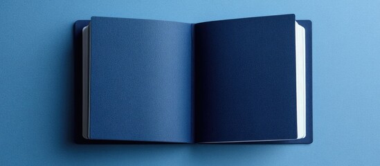 Blank navy blue notebook on blue background with open pages, featuring a minimalist border design and ample space for text insertion.