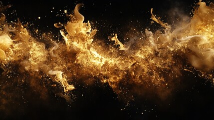 Abstract gold fire and smoke explosion on black background.