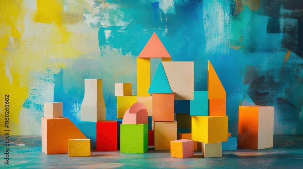 Poster an abstract arrangement of building blocks in an artist's studio, blocks forming geometric sculpture