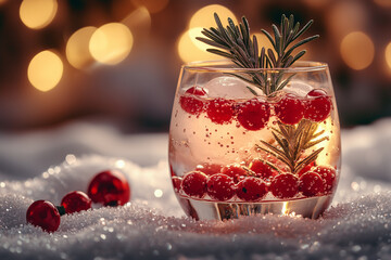 Snow Globe Cocktail with Rosemary Tree and Festive Details. holiday drink. copy space