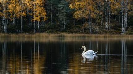 Elegant white swan gliding on tranquil lake with autumn foliage reflecting on the gentle rippling surface in a serene natural setting