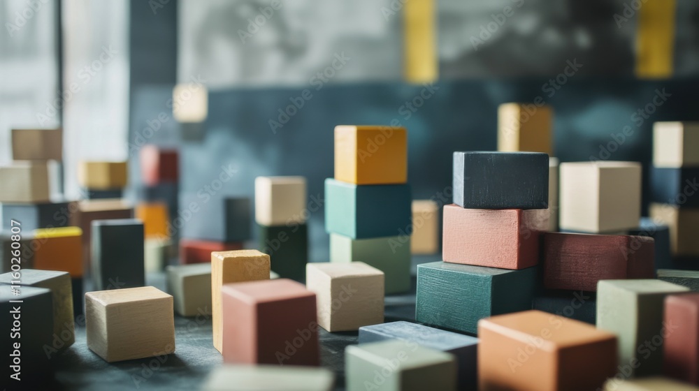 Poster An abstract arrangement of building blocks in an avant-garde art studio, Blocks forming minimalist sculptures, Contemporary artistic style