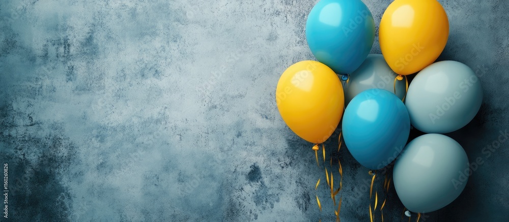 Poster colorful yellow and blue balloons against a textured wall with ample space for adding custom text or