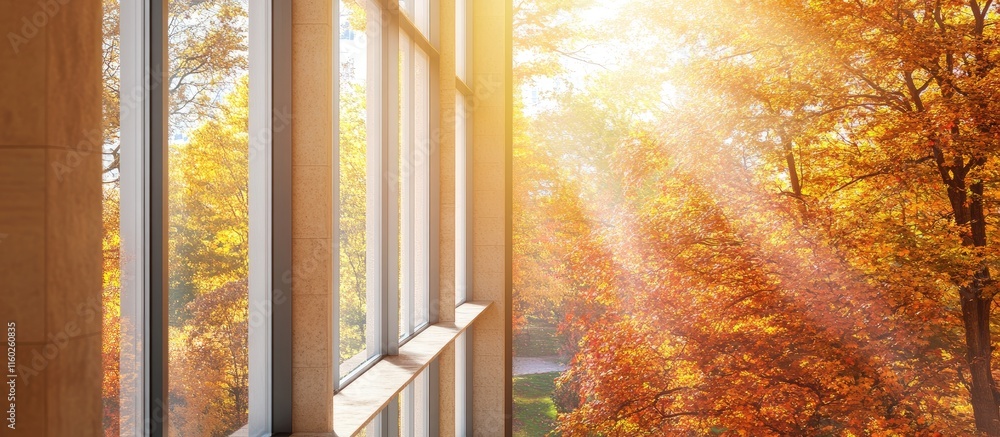 Aufkleber autumn tree reflections through window with sunlight and space for text in cozy interior setting