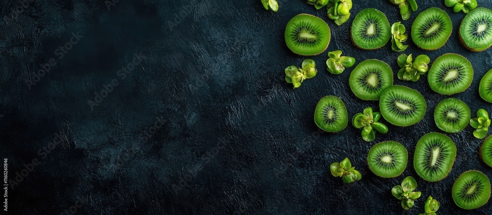 Poster fresh green kiwi slices arranged on a dark background with seeds and negative space for creative tex