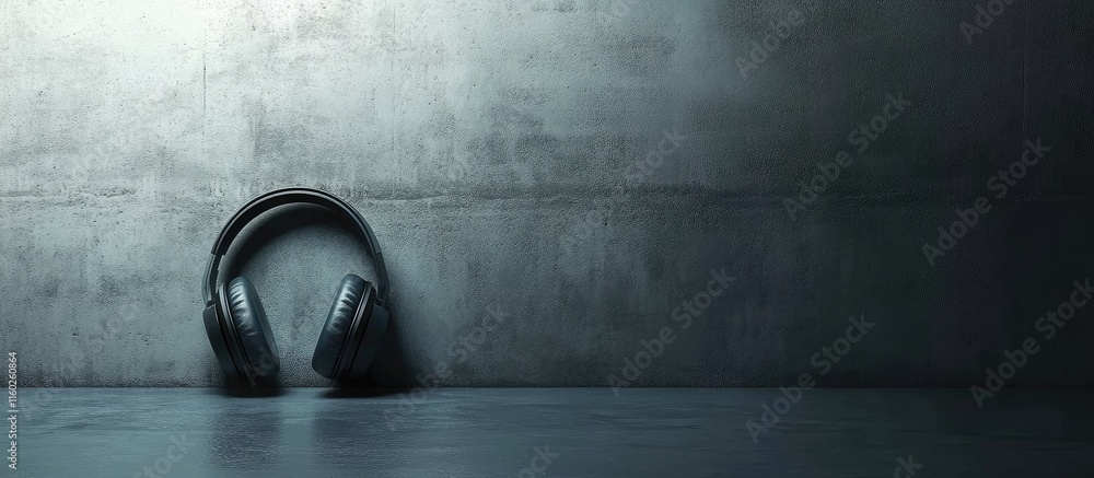 Poster modern workspace featuring headphones on a desk with textured wall and ample empty space for adding 