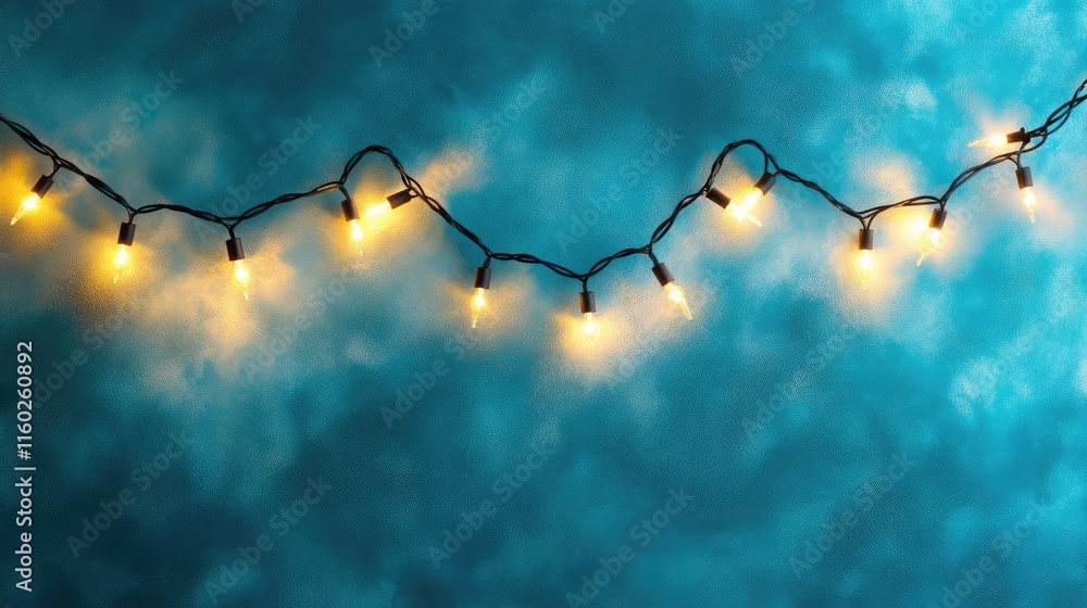 Poster string lights illuminate blue background with soft glow and glittering effects