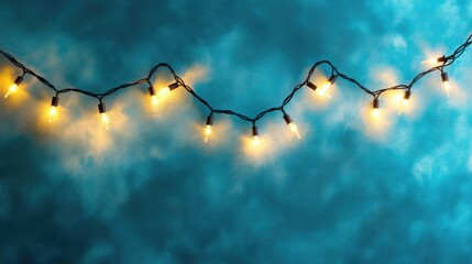 String Lights Illuminate Blue Background with Soft Glow and Glittering Effects