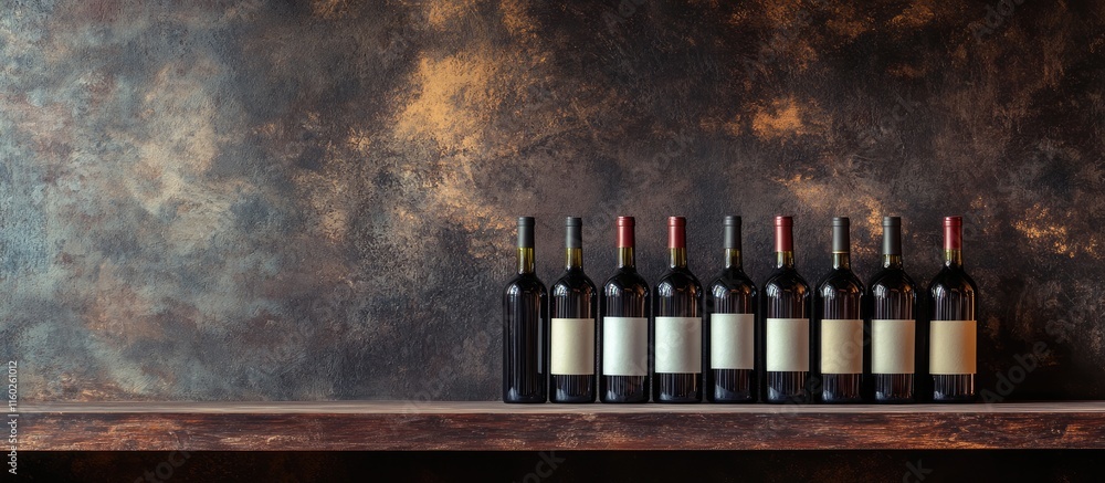 Poster elegant wine bottles displayed on wooden shelf with rustic background ideal for winery promotion and