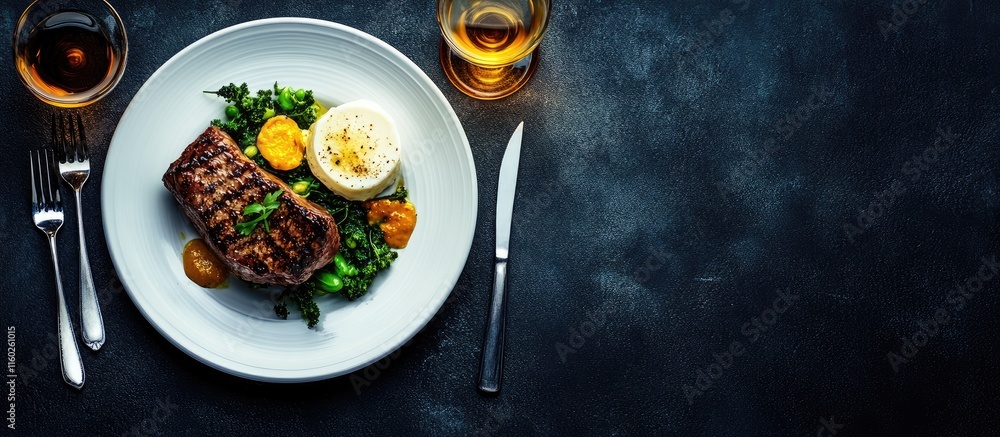 Poster gourmet dinner plated elegantly on dark background with empty space for text showcasing fine dining 