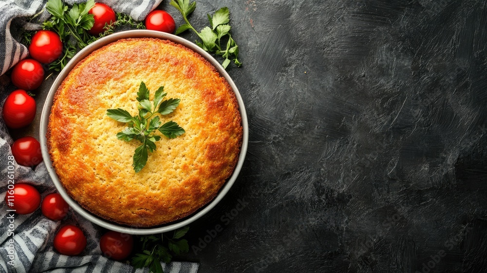 Poster cornbread surrounded by cherry tomatoes and fresh herbs on a dark textured background with ample emp