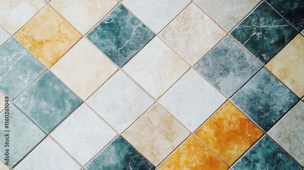 Poster aesthetic close up of colorful square tiled floor with motion blur effect showcasing painted and gla