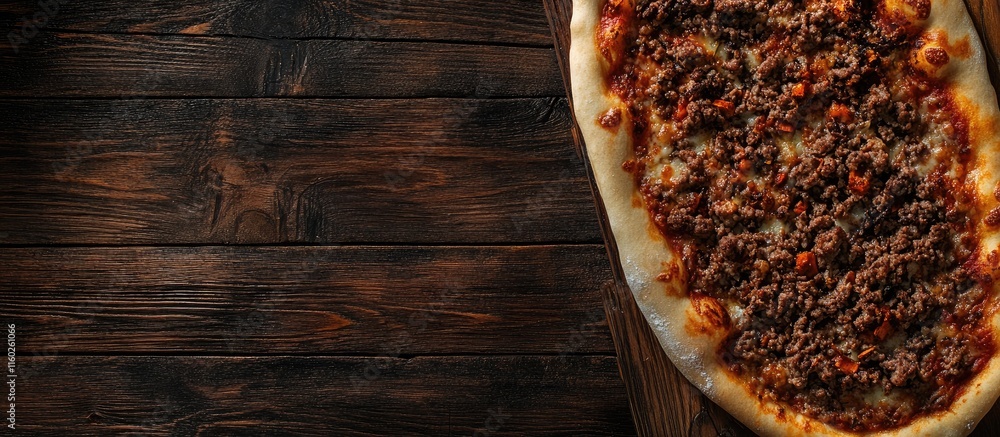 Poster traditional turkish pide topped with ground beef and spices on a rustic wooden table with room for t