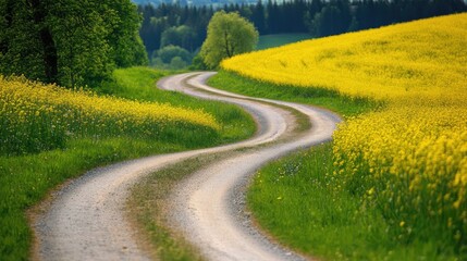 Naklejka premium Curved Country Road with Lush Yellow Fields and Green Trees Under a Clear Sky
