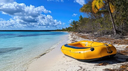 Obraz premium Yellow inflatable boat resting on pristine lagoon beach surrounded by palm trees and vibrant turquoise waters under a bright blue sky