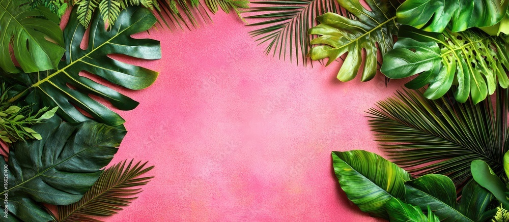 Poster tropical palm leaves arranged on pink backdrop creating a vibrant flat lay design with empty space f