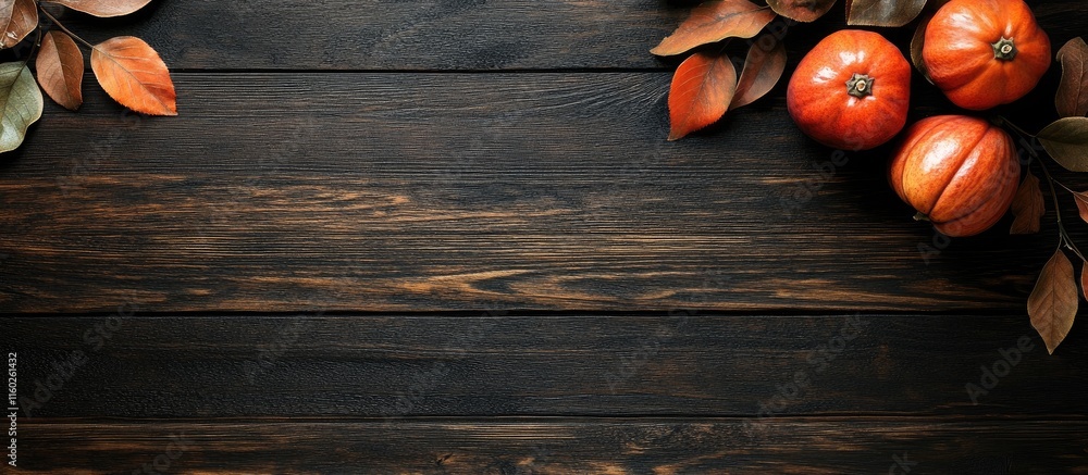 Poster persimmon fruits and autumn leaves arranged on a dark wooden table with ample empty space for text o
