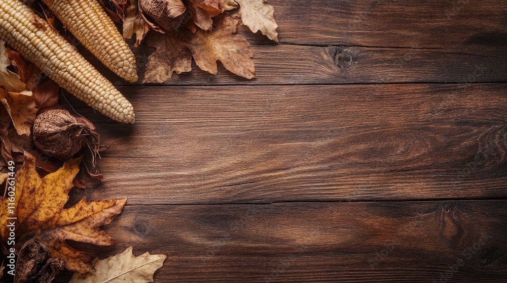 Poster Corn Cobs with Leaves and Nuts on Wooden Surface Creating a Rustic Autumn Background with Copyspace for Text