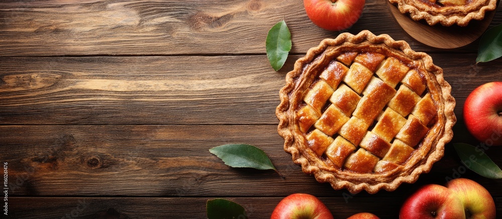 Poster freshly baked apple pie on a rustic wooden table with apples and leaves showcasing a warm inviting a
