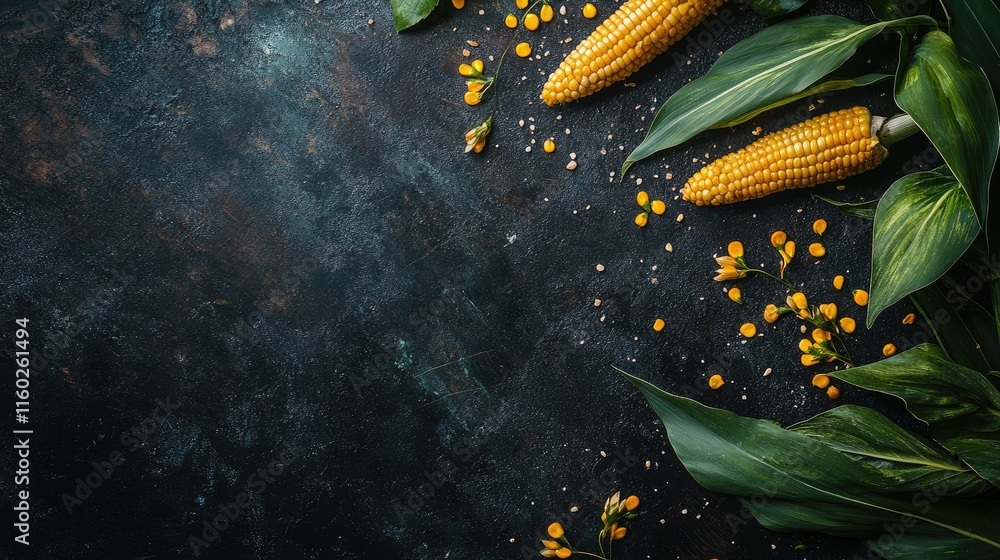 Poster corn on dark background with green leaves and yellow petals creating natural texture and empty space