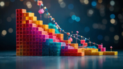 expansion or expansion of the design concept. On a coloerf background, a cube block staircase is growing up to the target. Attainment of success or motivation for business goals