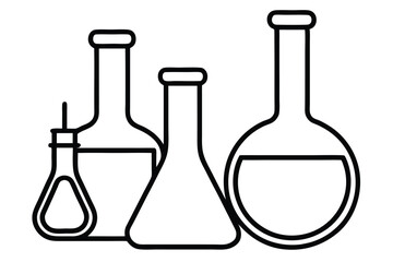 Set of chemical vessels and flasks with liquid, line art Vector illustration