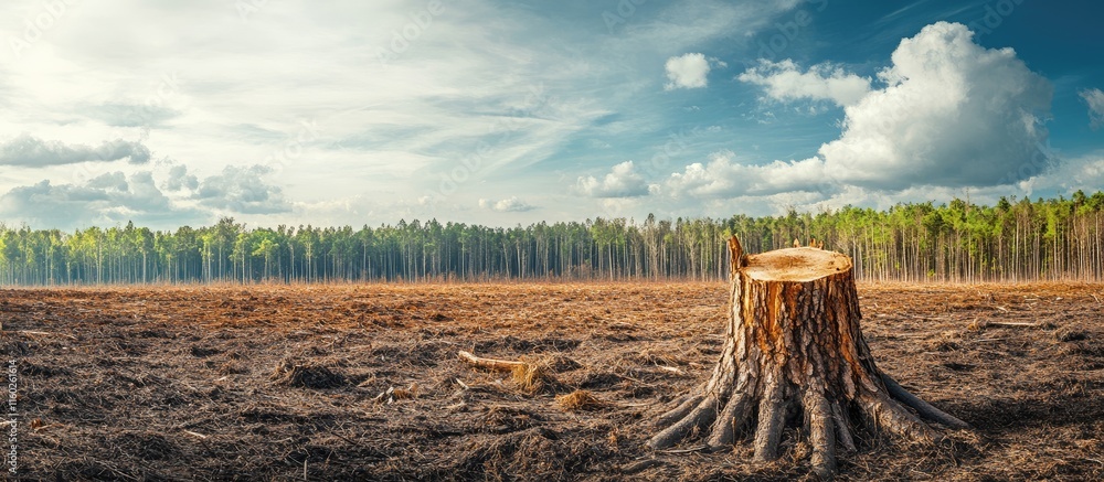 Poster Deforestation Impact Visual with Tree Stump in Clearcut Forest Landscape Highlighting Environmental Concerns and Space for Text Inclusion
