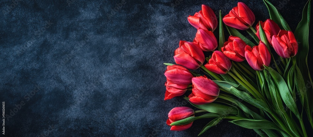 Aufkleber vibrant red tulips elegantly arranged on a dark background with ample negative space for text or des