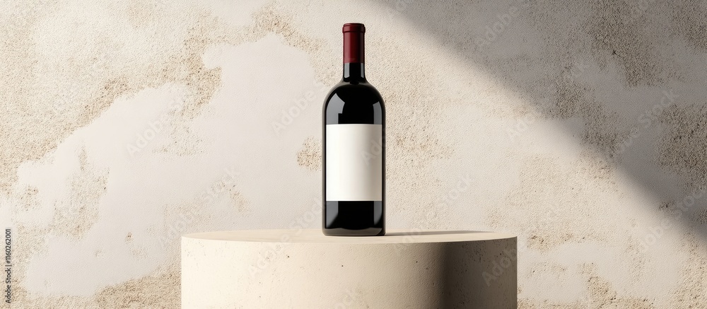 Poster wine bottle on round podium with blank space for custom label design and text display on minimalist 